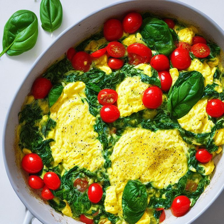 Scrambled eggs with basil, spinach & tomatoes
